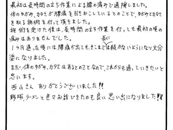 長時間の立ち仕事による腰の痛みで来院しました